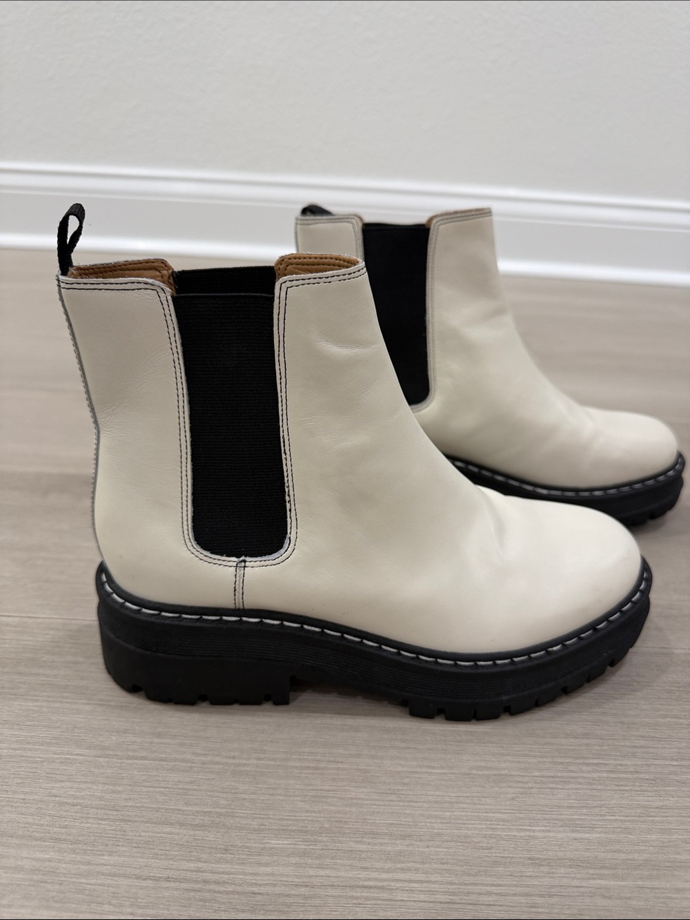 Marc Fisher Women’s Light Cream Chelsea Lug Sole Boots with Black Elastic Panels